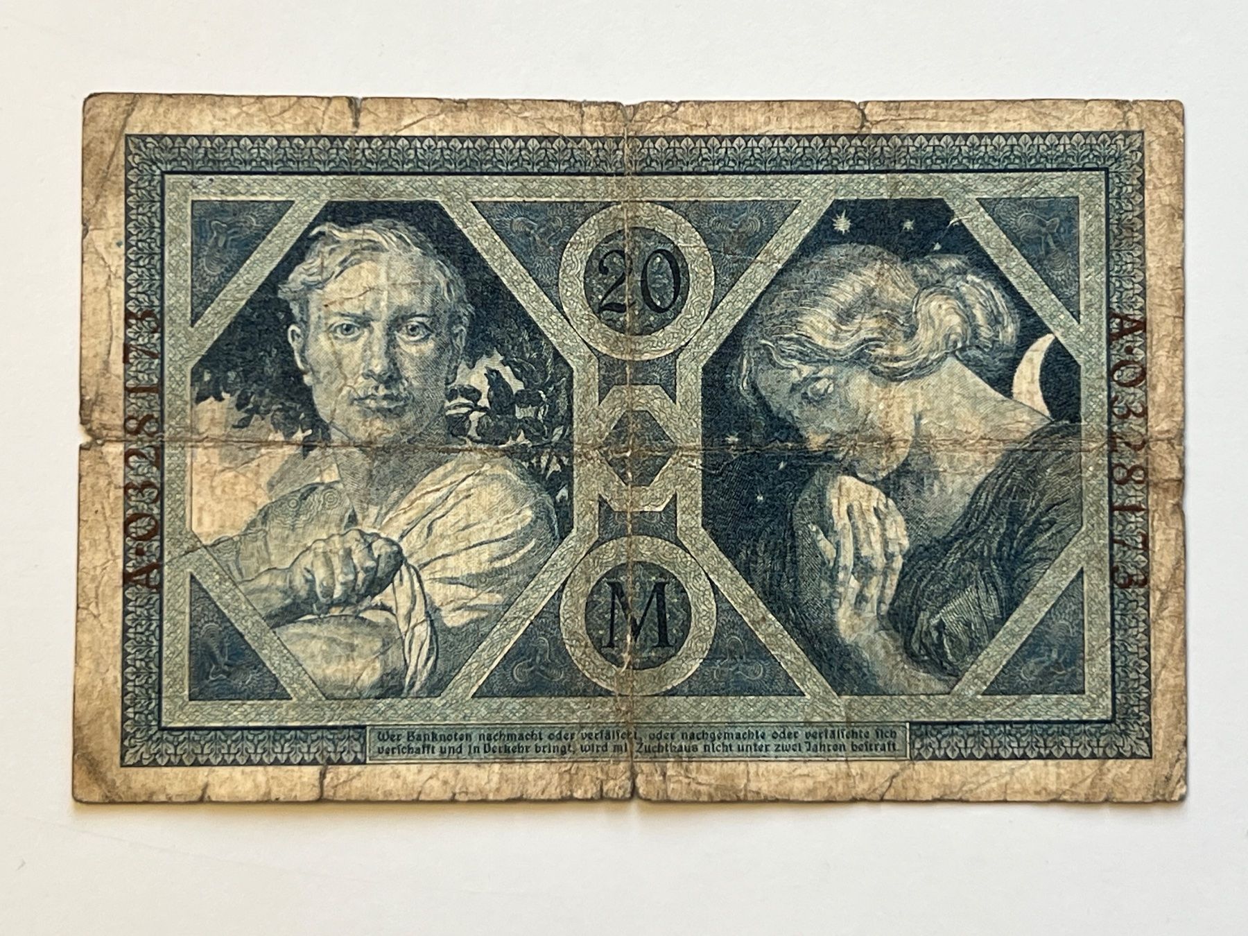 Banconote: Reichsbanknote Zwanzig Mark 1918 A-0328173 – Usato da Wollerau venduto da Sammler-Ecke