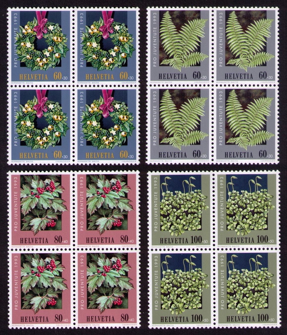 Tutti i francobolli: 1993_J328-31_PRO JUVENTUTE_Weihnachtskranz_Waldpflanzen_Vb** – Usato da Marthalen venduto da Ch_quality