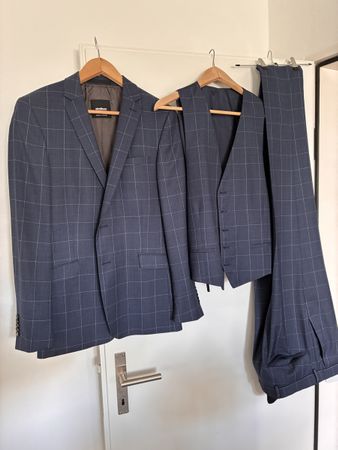 Strellson Anzug 3-teilig blau kariert Grösse 46 48 neu