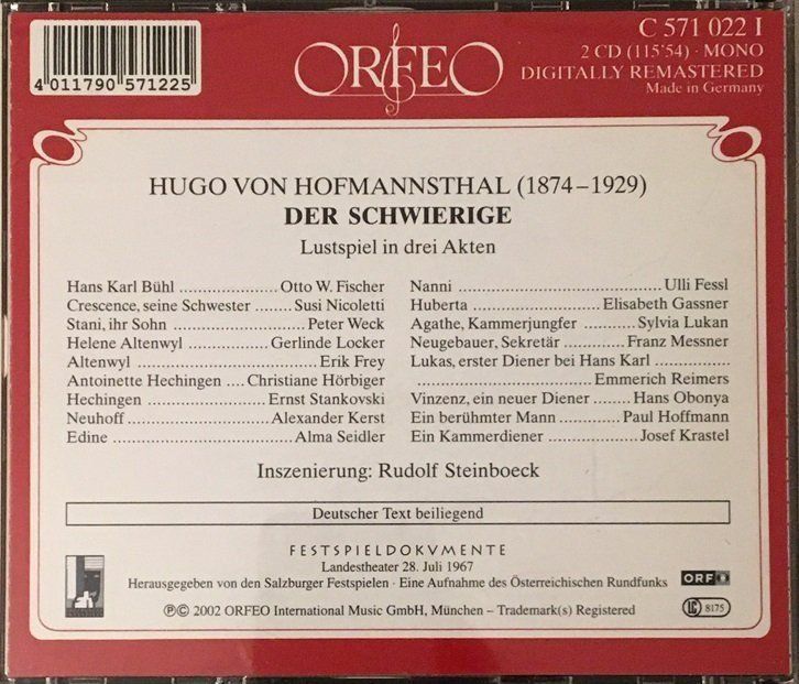 CDs: Hugo von Hoffmannsthal - Der Schwierige – Gebraucht aus Grüningen von azulblanco 1