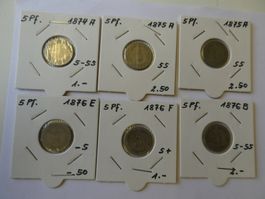 Dt.  Reich 1874-1876, Konvolut 6 alte 5 Pfennig-Münzen