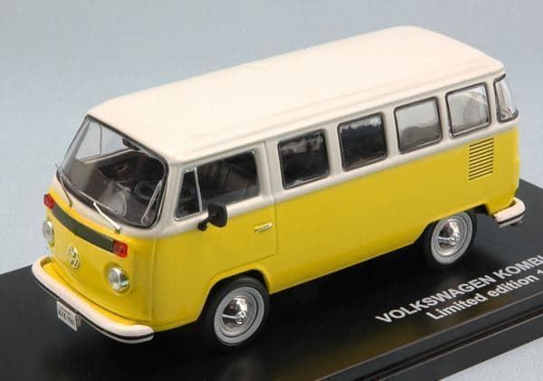 Miniature Triple 9 VW T2 Bus Kombi 1976 – 1/43, Jaune Et Blanc, Neuve