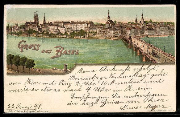 Cartes postales: Litho Basel, Ortsansicht mit Brücke – D'occasion à Berlin par bartko-reher