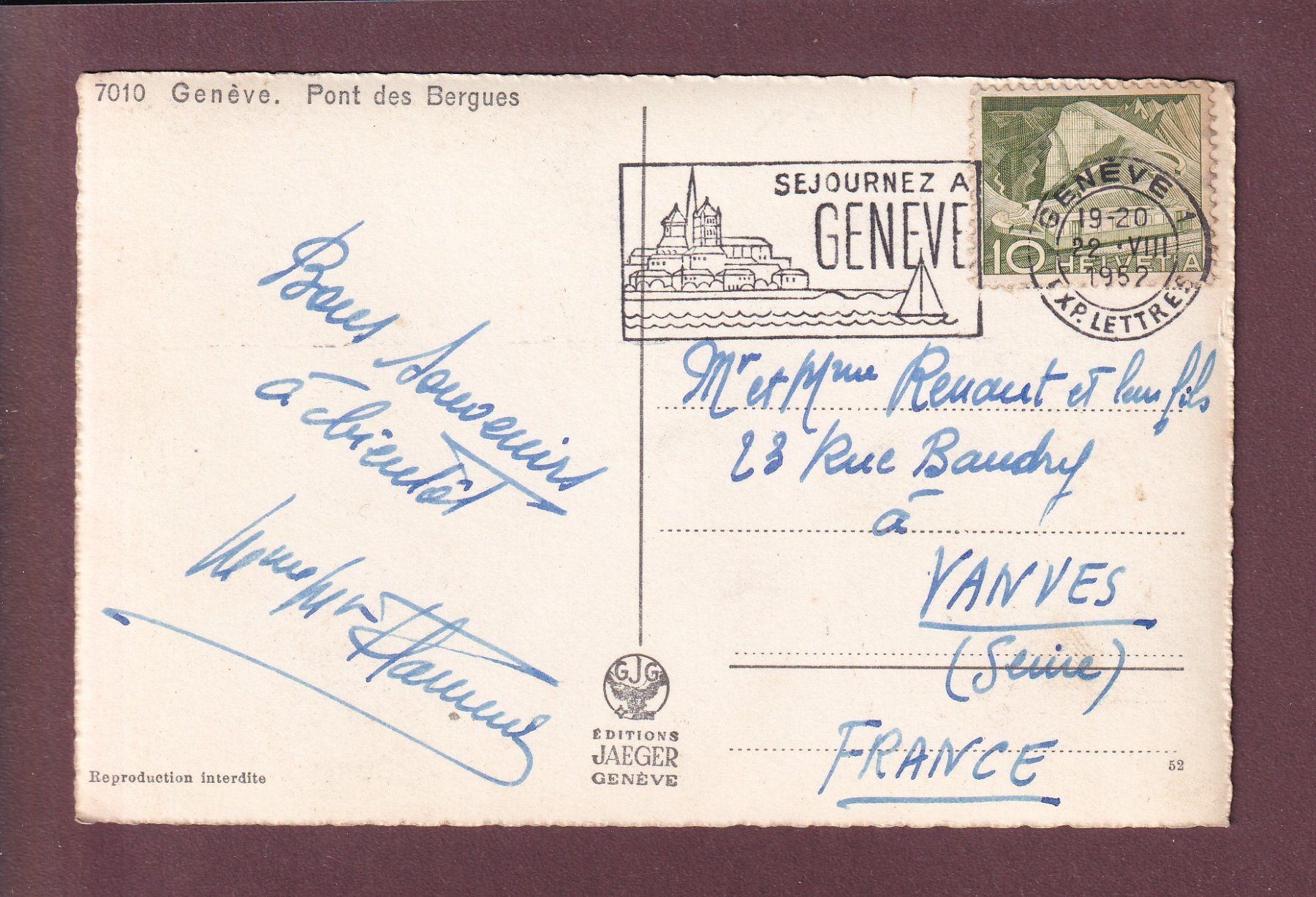 Cartoline postali: GENEVE - Pont des Bergues - 1952 – Usato da Pully venduto da nicecards 1