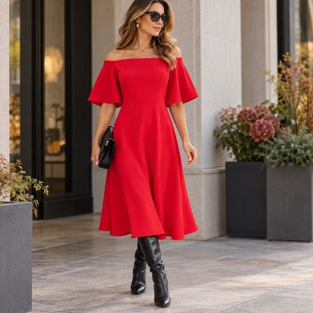 Zara Casual Kleid rot Midikleid Gr.L (38) Off-Shoulder NEU