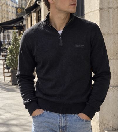 Armani Jeans Schwarzer Feinstrick Pullover mit Reissver