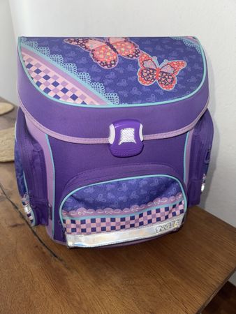 Schulranzen Tiger lila mit Schmetterlingen gebrauchter Zusta