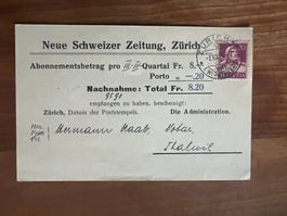 Postkarte 1921 Abo Nachnahme Neue Schw. Zeitung (V943)