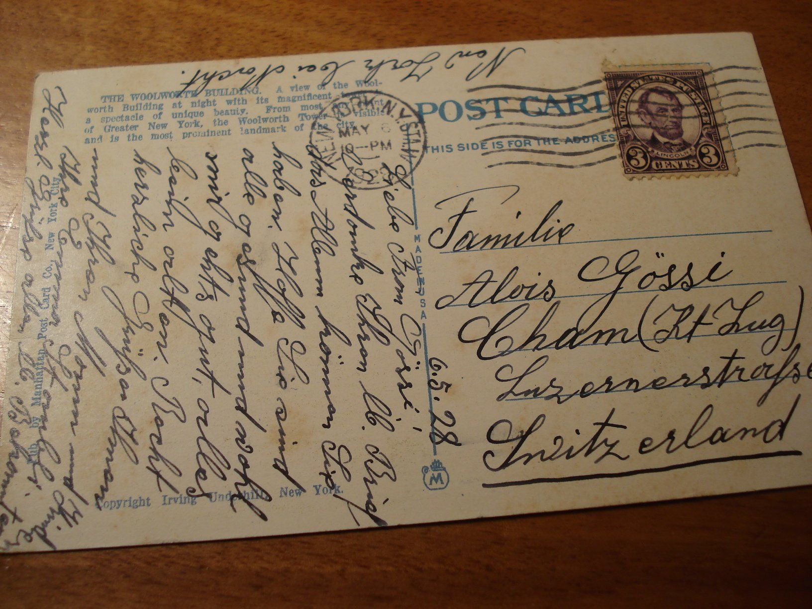 Cartoline postali: Woolworth Building at Night New York, 1928, - Cham, farbig – Usato da Niederwil AG venduto da morostahu 1