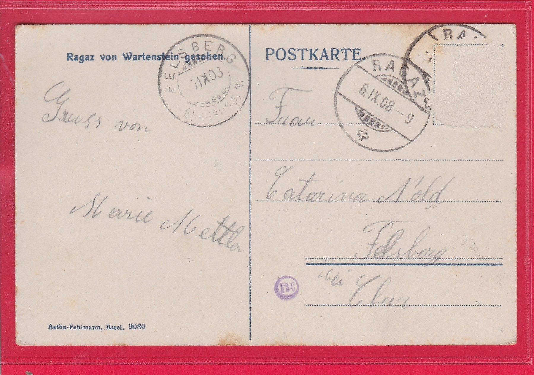 Cartoline postali: RAGAZ VON WARTENSTEIN GESEHEN, 6.9.1908 – Usato da Oberrieden venduto da Gebirgsstelze 1