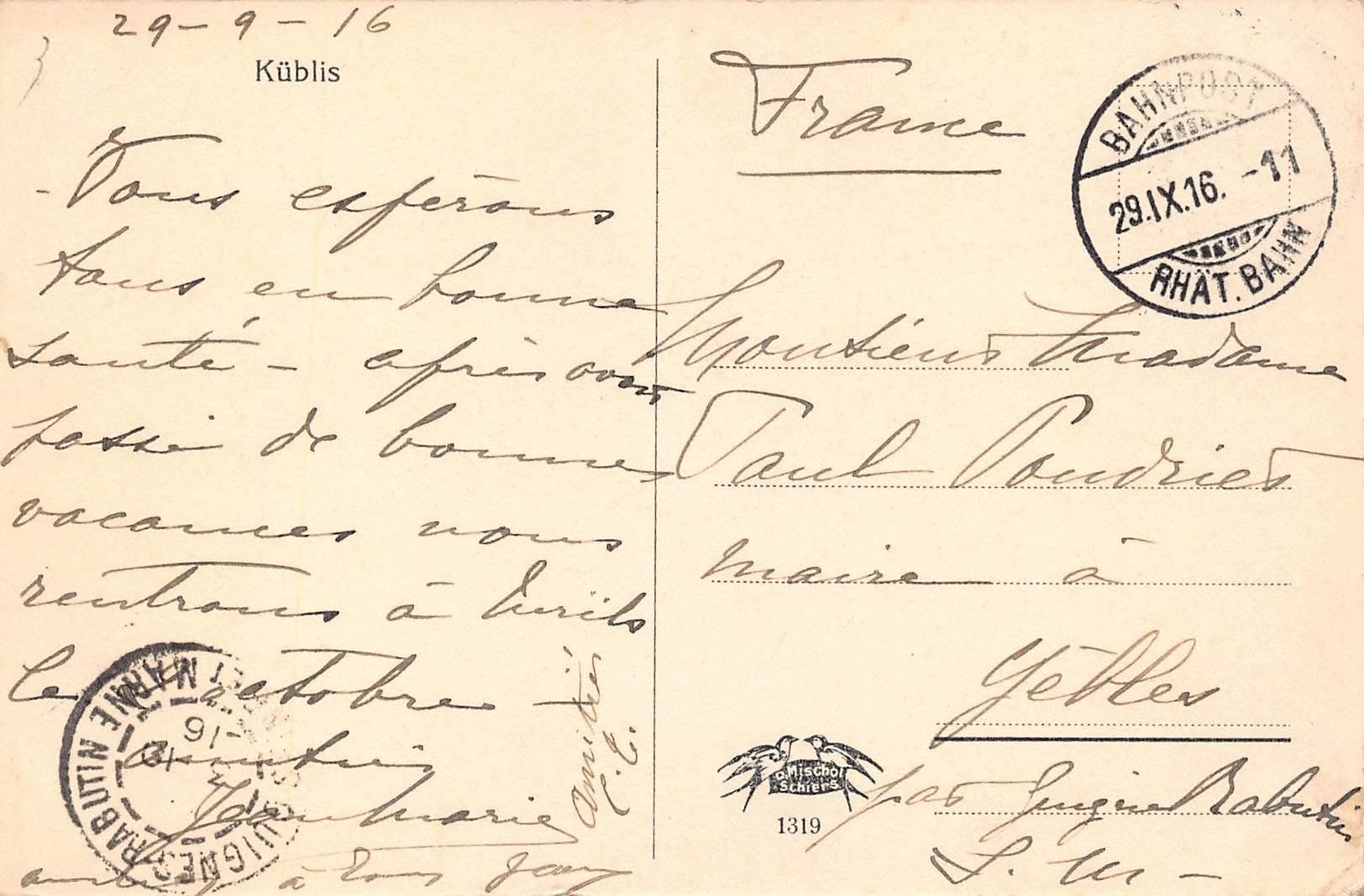 Ansichtskarten: Küblis Dorfansicht 1916 – Gebraucht aus Bichelsee von Gloeckner 1