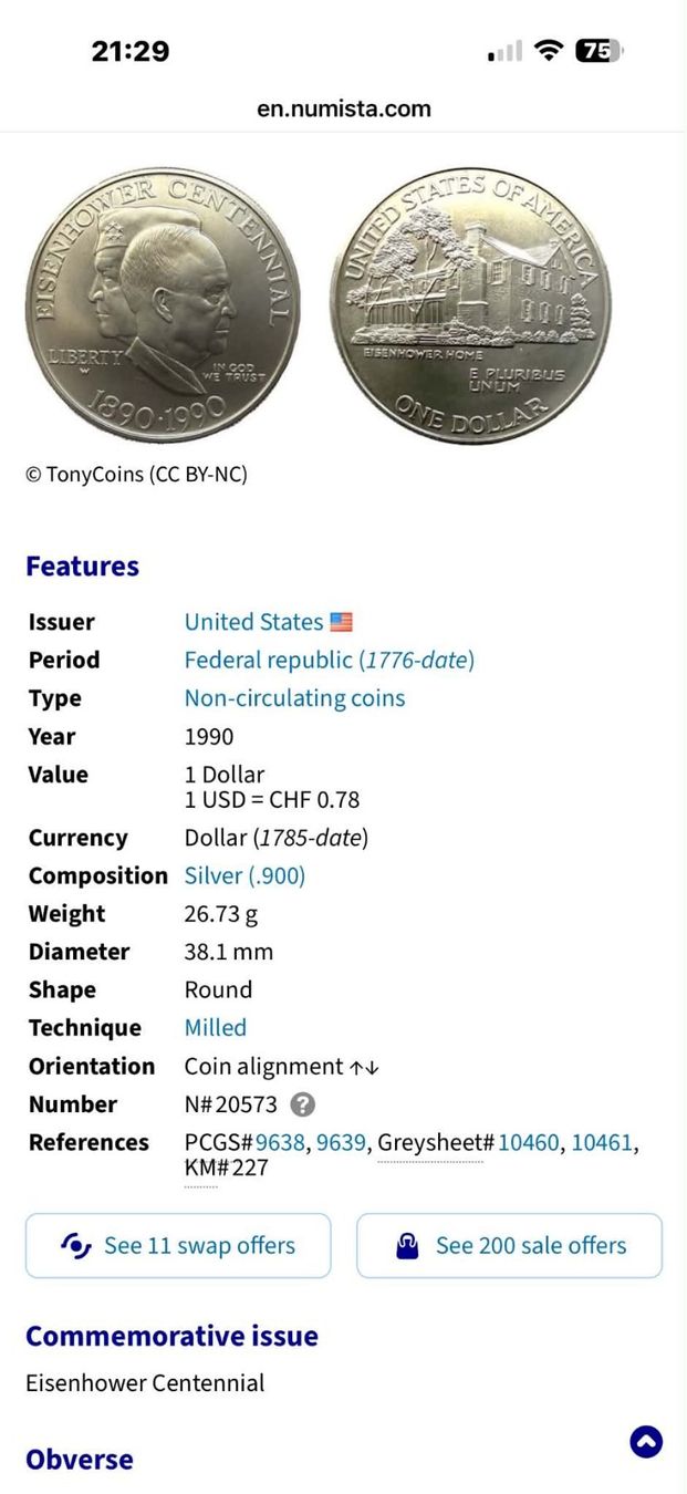 Tutti le monete: USA 1 Dollar 1990 Silver UNC coin – Nuovo (secondo la descrizione) da Zürich venduto da Tasmiyah 2