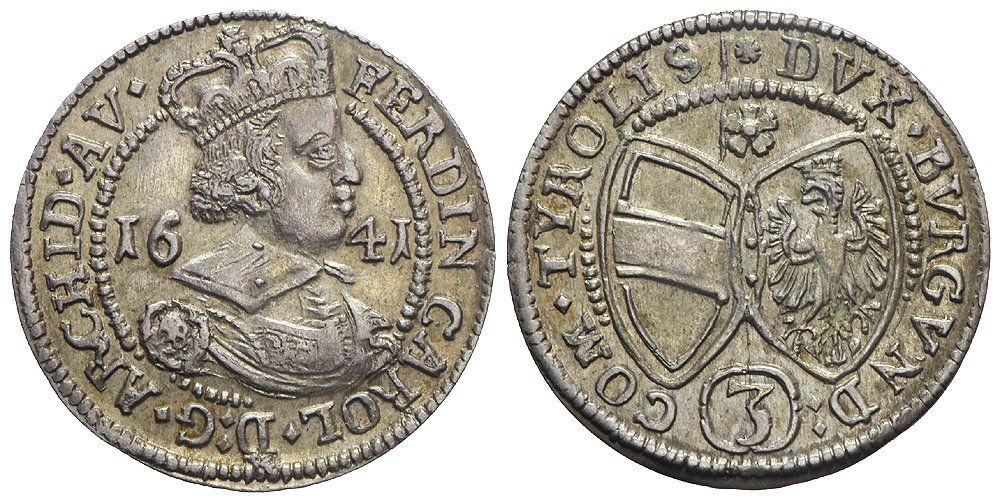 Tutti le monete: 3 Kreuzer 1641, Hall (Tyrol) – Usato da Chiasso venduto da Novamarketing
