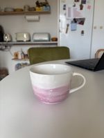 Keramik Tasse rosa weiss mit Sonnenmotiv