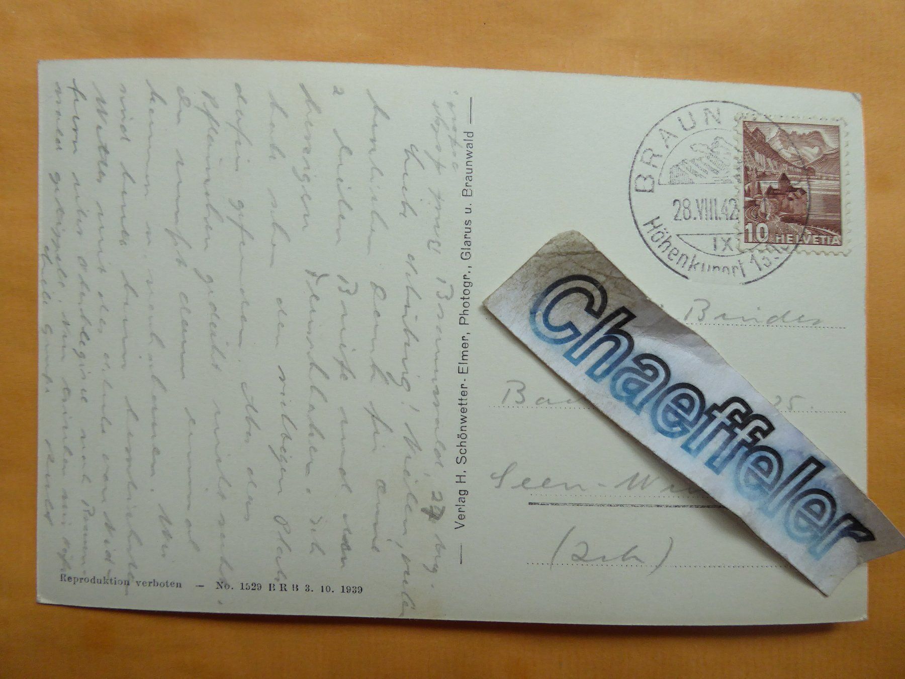 Ansichtskarten: 1857 Oberblegisee  1942 – Gebraucht aus Zürich von Chaeffeler 1