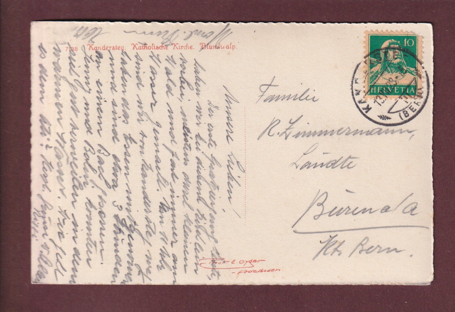 Cartes postales: KANDERSTEG - Kirche - 1928 E. Gyger – D'occasion à Pully par nicecards 1