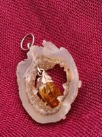 Achat Anhänger Druse Geode mit Citrin Bergkristall, silber