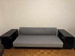 Sofa Couch grau blau mit 2 Sideboards und Sitzkissen