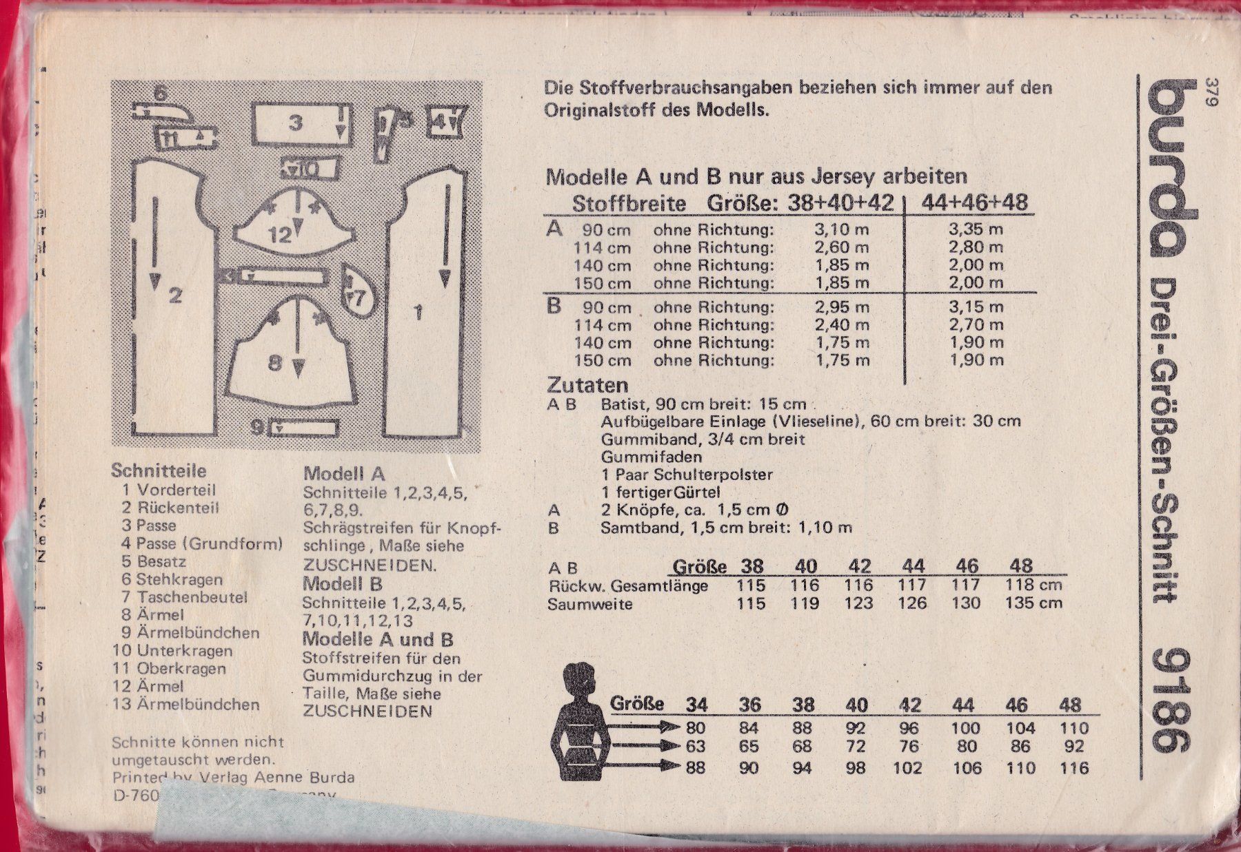 Cartamodelli: SCHNITTMUSTER, BURDA, 9186 – Usato da Oberrieden venduto da Gebirgsstelze 1