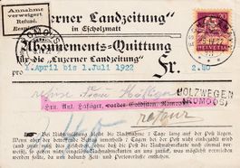 1922: Abo-Quittung NN-Beleg Stabstpl. HOLZWEGEN (ROMOOS)