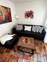 Sofa bed, matching foot rest and cushions - storage in both!