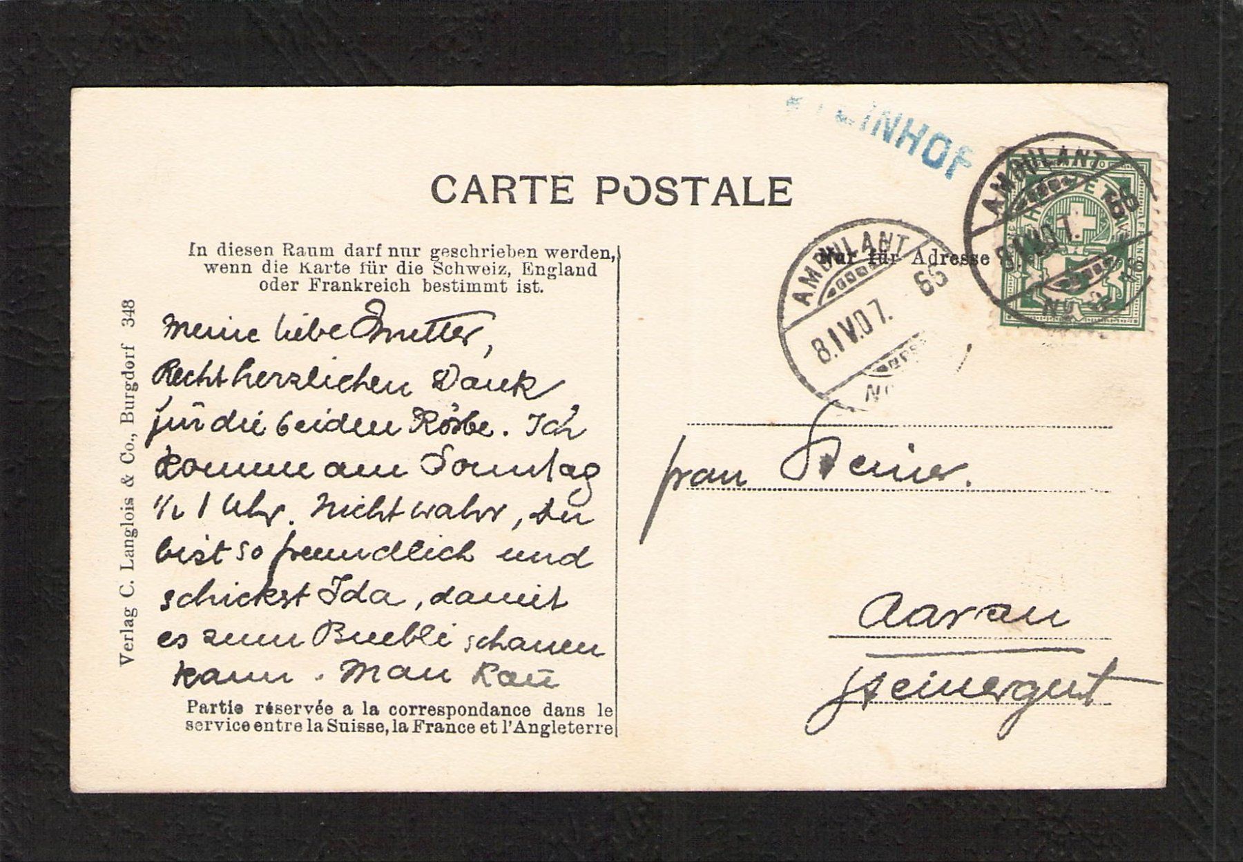 Cartoline postali: Burgdorf BE , gel. 1907 – Usato da Reichenburg venduto da Pipo-67 1