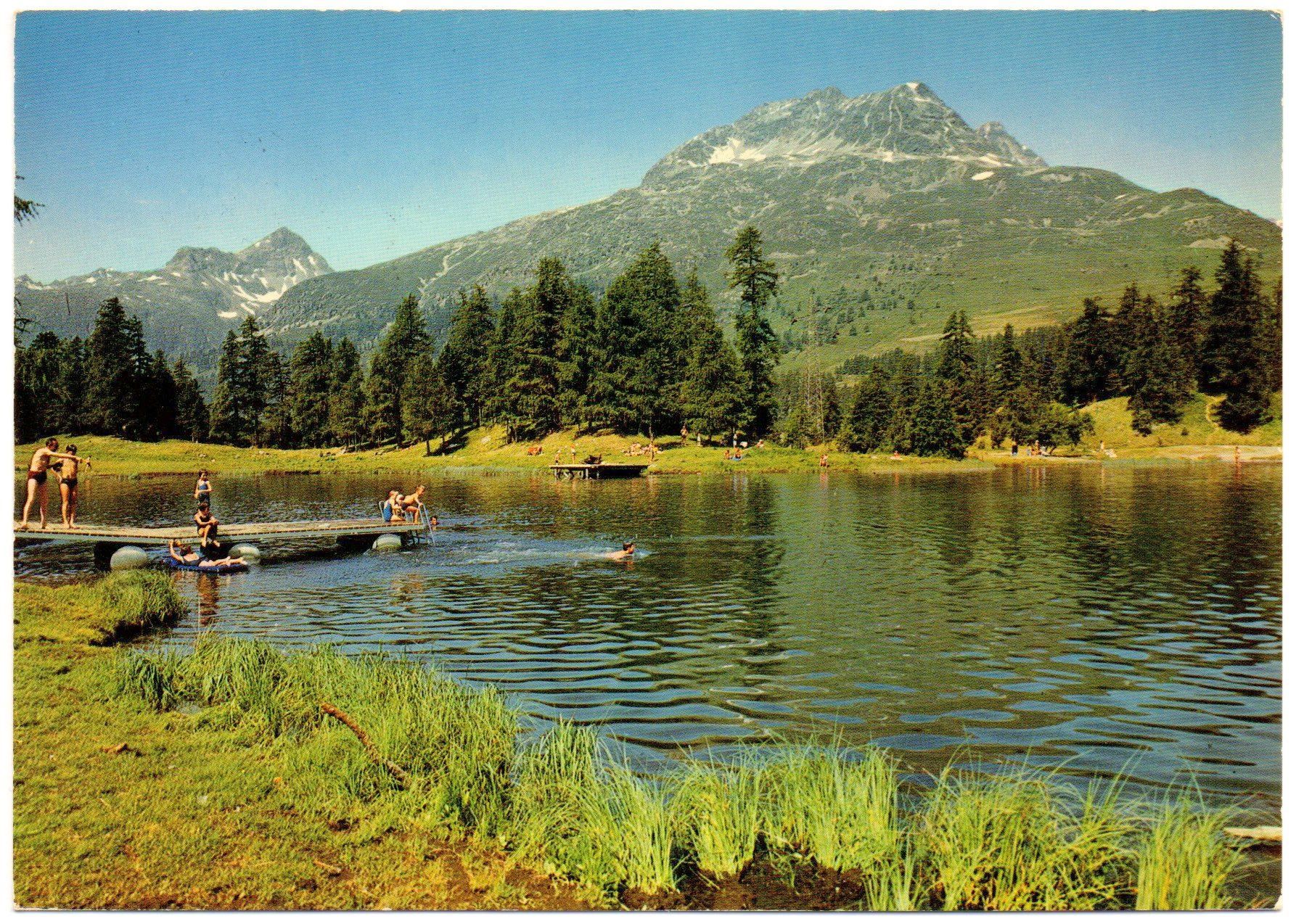 Cartoline postali: PONTRESINA Lej Marsch Camping - Badeleben am See – Usato da Jona venduto da philajona