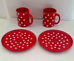 2 Tassen 2 Teller rote Pünktchen Mug Vintage West Germany