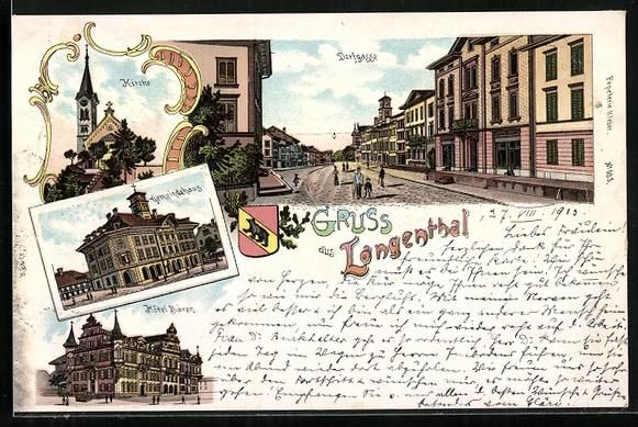 Cartoline postali: Litho Langenthal, Hotel Bären, Dorfgass – Usato da Berlin venduto da bartko-reher