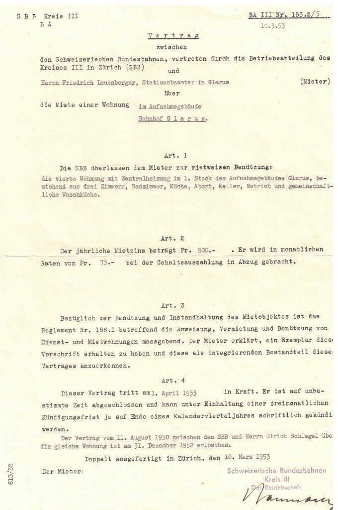 Dokumente: Mietvertrag vom Bhf. Glarus 1953 – Gebraucht aus Richterswil von solalex