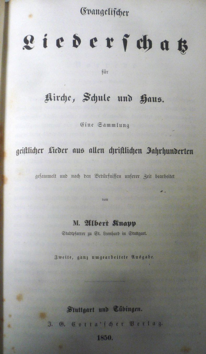 Libri: 1850 STuttgart, Albert KNAPP, evangel. LIEDERSCHATZ – Usato da Oberhofen am Thunersee venduto da luuping99