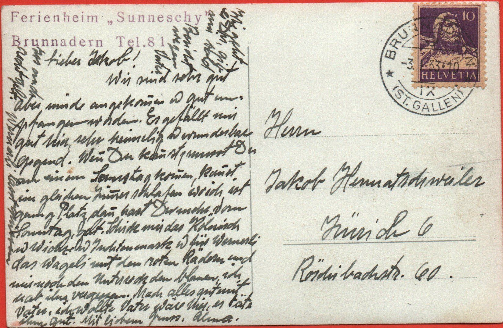 Cartoline postali: BRUNNADERN Ferienheim Zum Sunneschy – Usato da Jona venduto da philajona 1