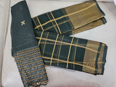 Green gold checked saree