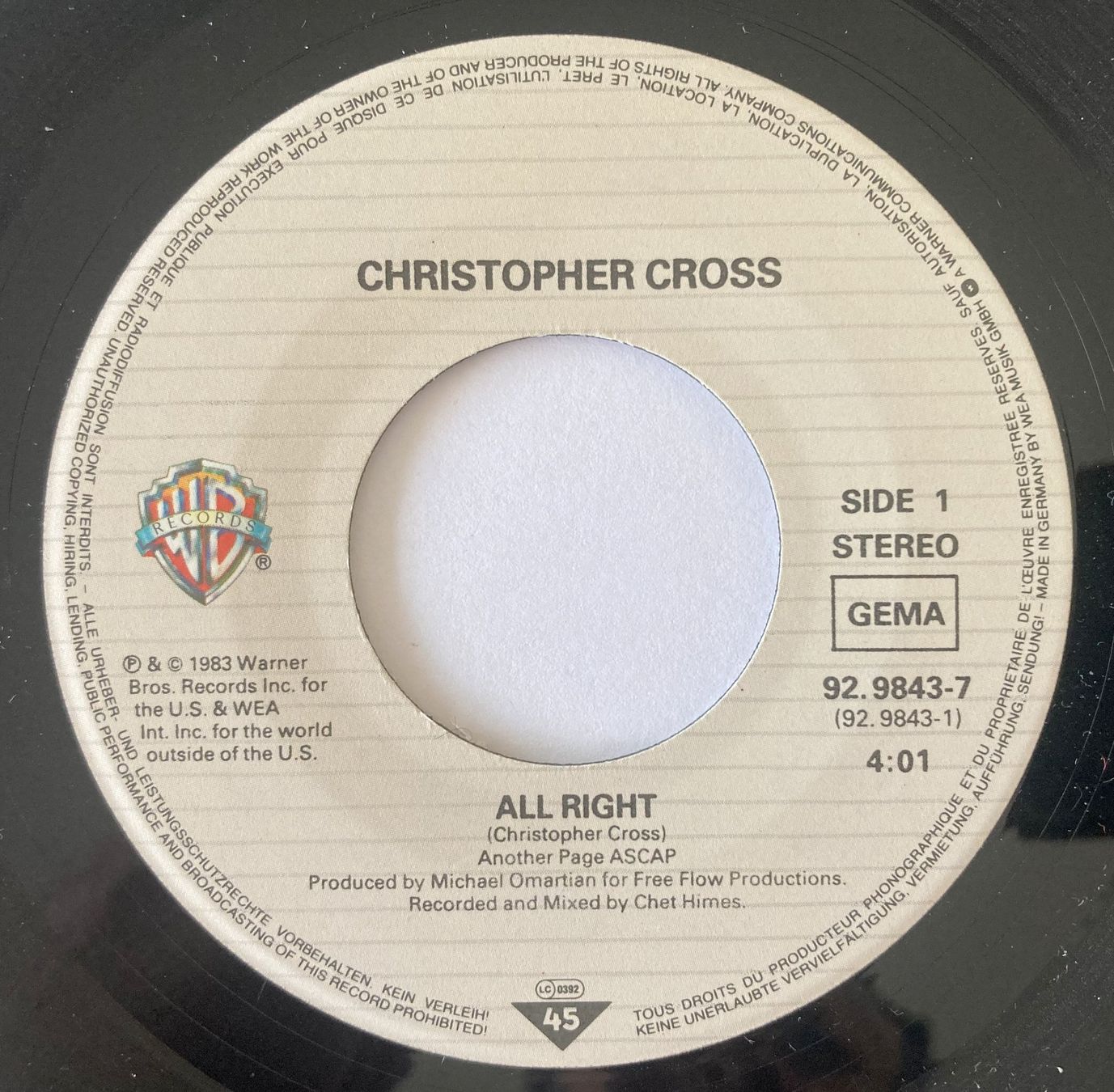 Dischi in vinile: CHRISTOPHER CROSS - ALL RIGHT – Usato da Bottens venduto da hotter-than-hell 2
