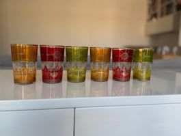 6 marokkanische Teegläser / Votivkerzenhalter Rot Grün Gold