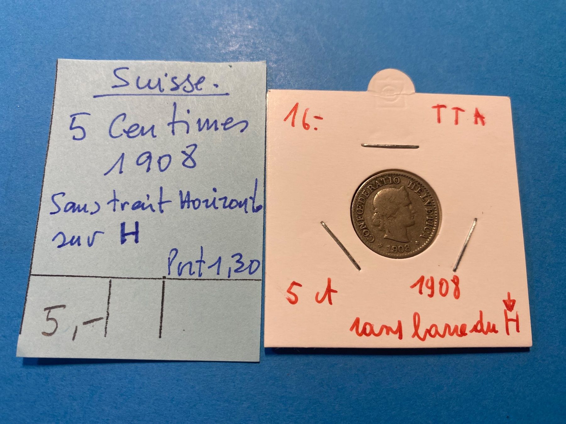 Alle Münzen: SUISSE : 5 CENTIMES 1908. Sans trait horizontal sur le H – Gebraucht aus genève von GEnumist