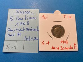 SUISSE : 5 CENTIMES 1908. Sans trait horizontal sur le H