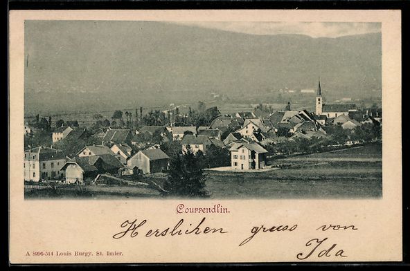 Cartes postales: AK Courrendlin, Ortsansicht mit Kirche – D'occasion à Berlin par bartko-reher