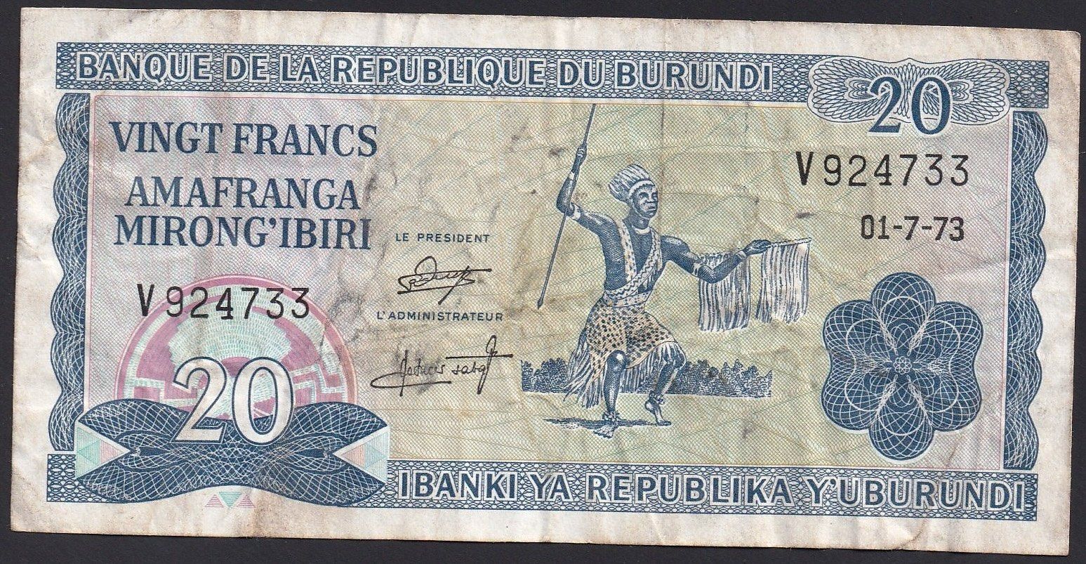 Banconote: Burundi 20 Francs 1973 – Usato da Brugg AG venduto da banknoten_muesli