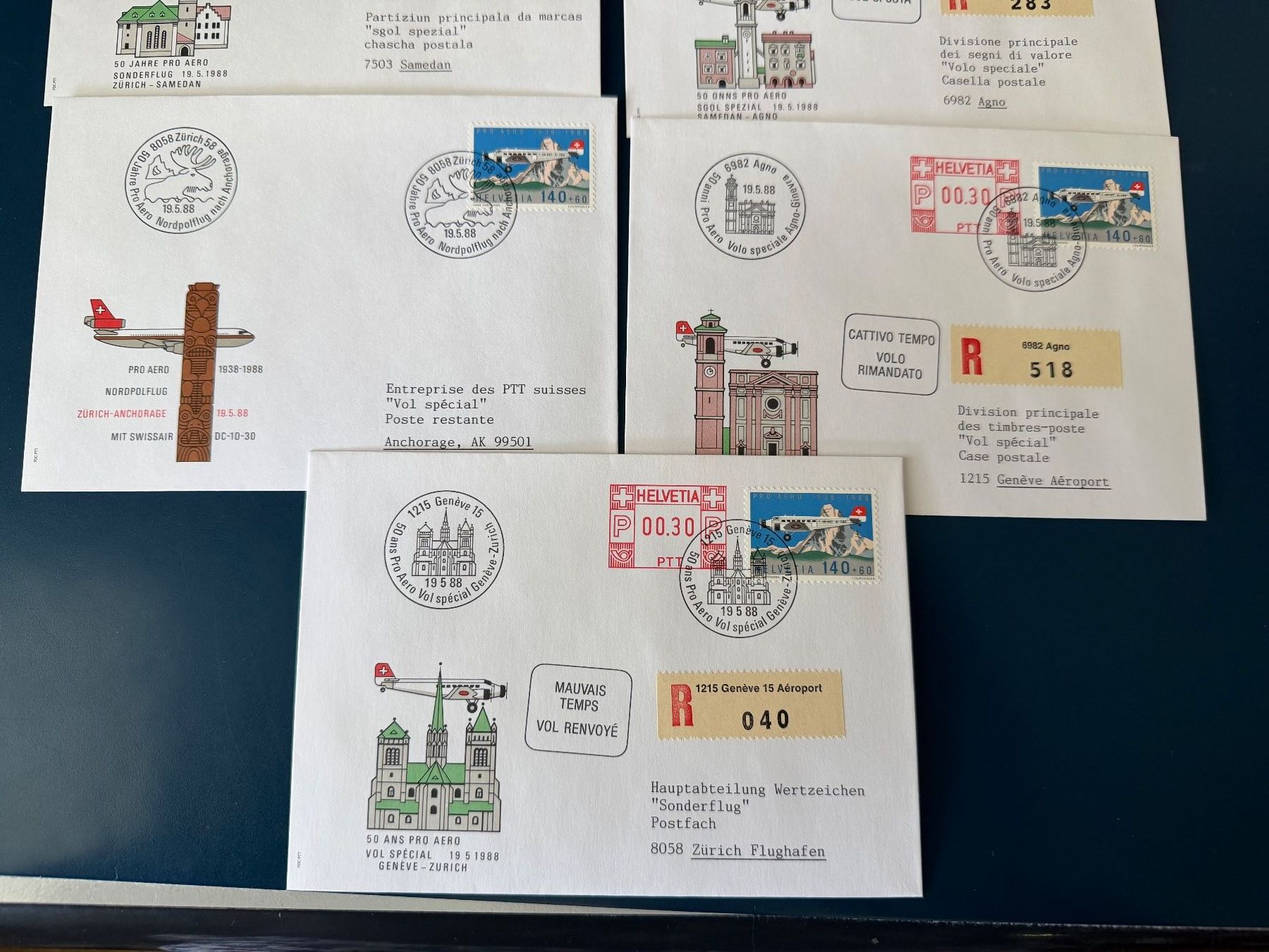 Tutti i francobolli: 1 Set, Pro Aero 1938-1988, 5 Briefe – Usato da Oberhasli venduto da Sicurezza 3