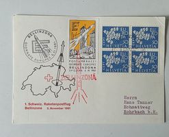 1. Raketenflugpost Karte  mit Vignette 5.11.1961 Bellinzona