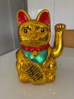 Grosse Winkekatze Maneki-Neko goldfarben aus Hongkong