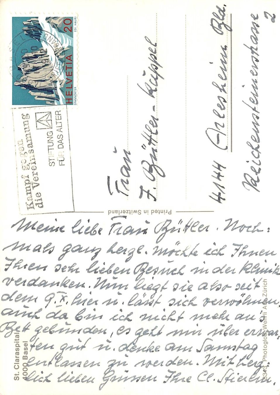 Ansichtskarten: Basel, St. Claraspital – Gebraucht aus Ottikon b.Kemptth. von Neptun1974 1