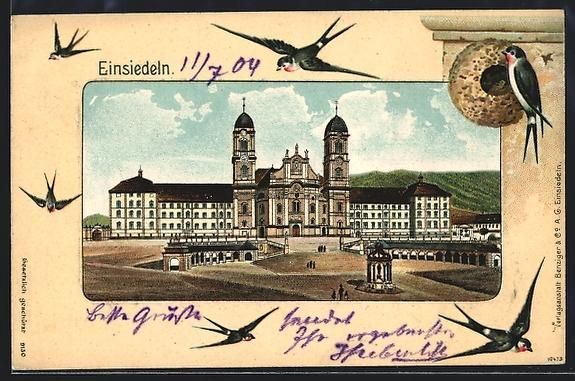 Ansichtskarten: Litho Einsiedeln, Kloster und Schwalben – Gebraucht aus Berlin von bartko-reher