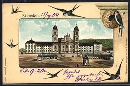 Litho Einsiedeln, Kloster und Schwalben