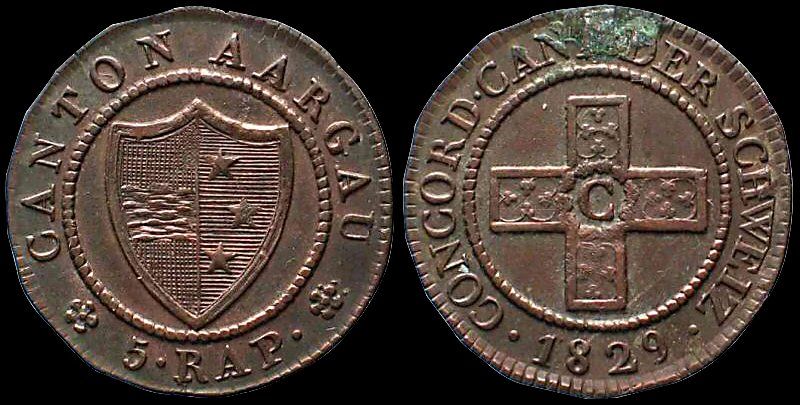 Alle Münzen: Argovie 5 rapen 1829 Billon HMZ 2-24f TTB – Gebraucht aus Cugy VD von bein-numismatics