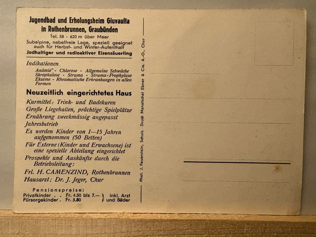 Cartoline postali: Erholungsheim Giuvaulta / Rothenbrunnen – Usato da Rümlang venduto da Kartenpost1 1