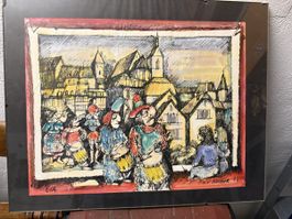 Aquarell Pierre Kocher Fasnacht Motiv gerahmt 1973