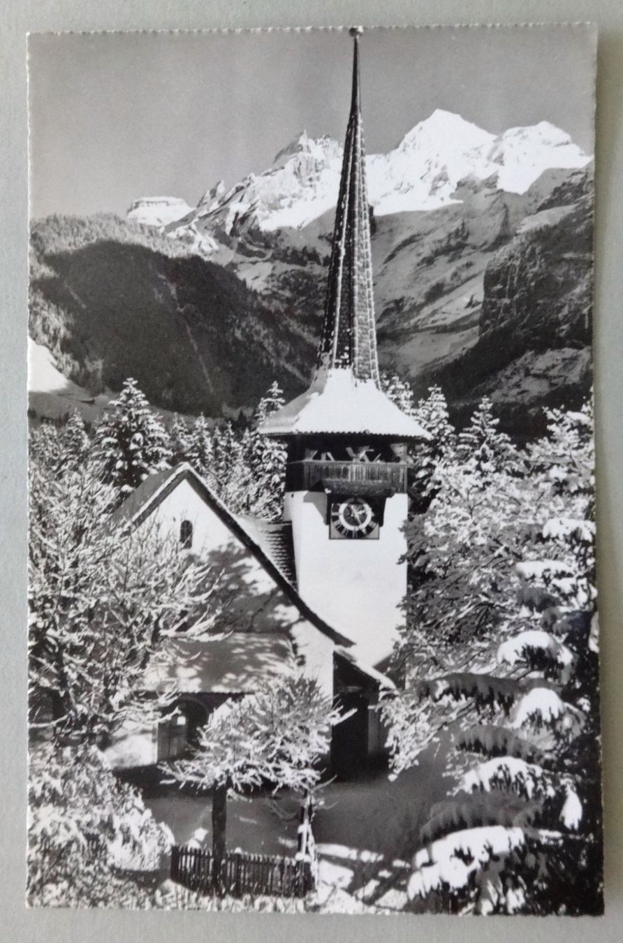 Cartes postales: Kandersteg, Dorfkirche mit Blümlisalp – D'occasion à Fétigny par Billy2miny