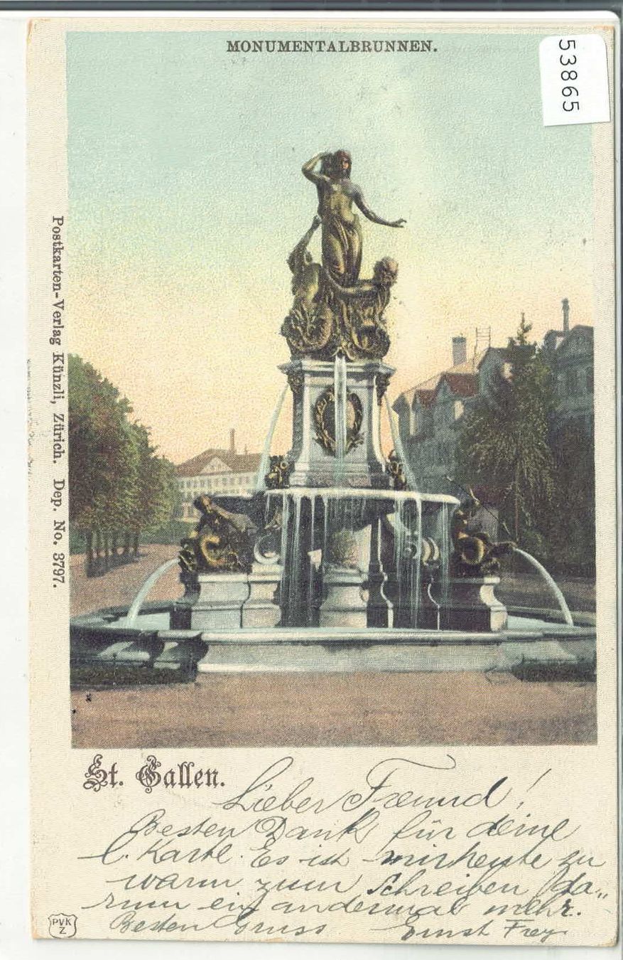 Cartoline postali: St. Gallen - Monumentalbrunnen – Usato da Ettingen venduto da Kartenplanet